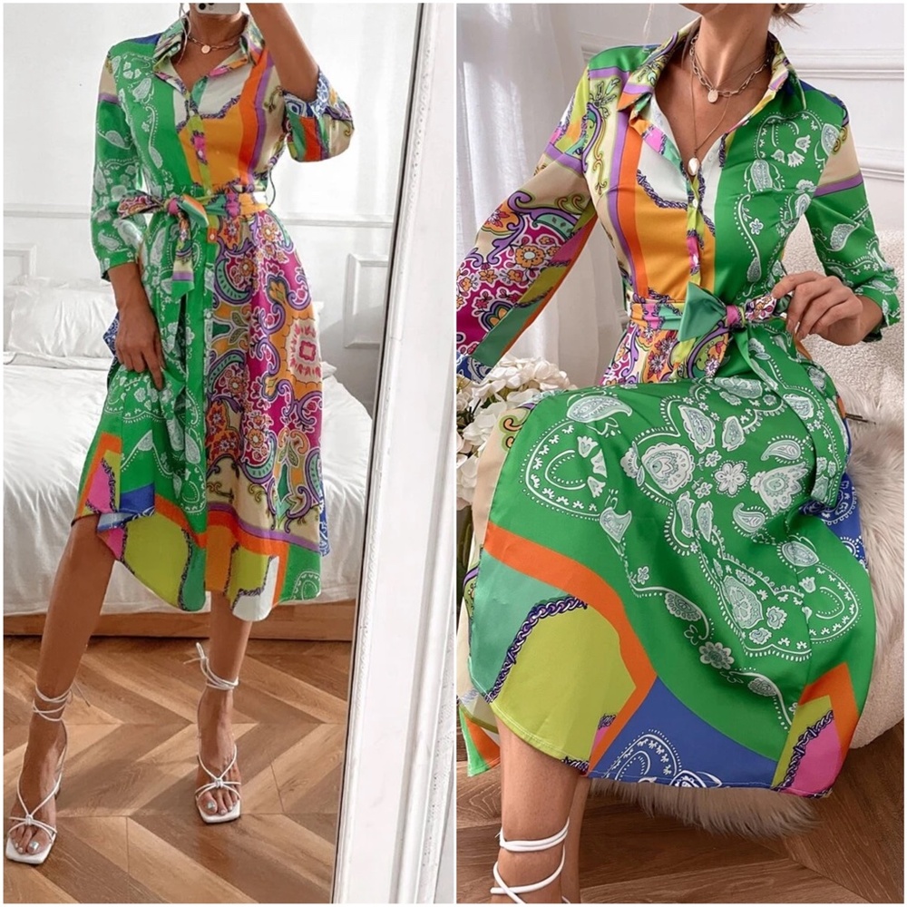 Boho Paisley Print Button up Satin Dress - Picture 3 of 4